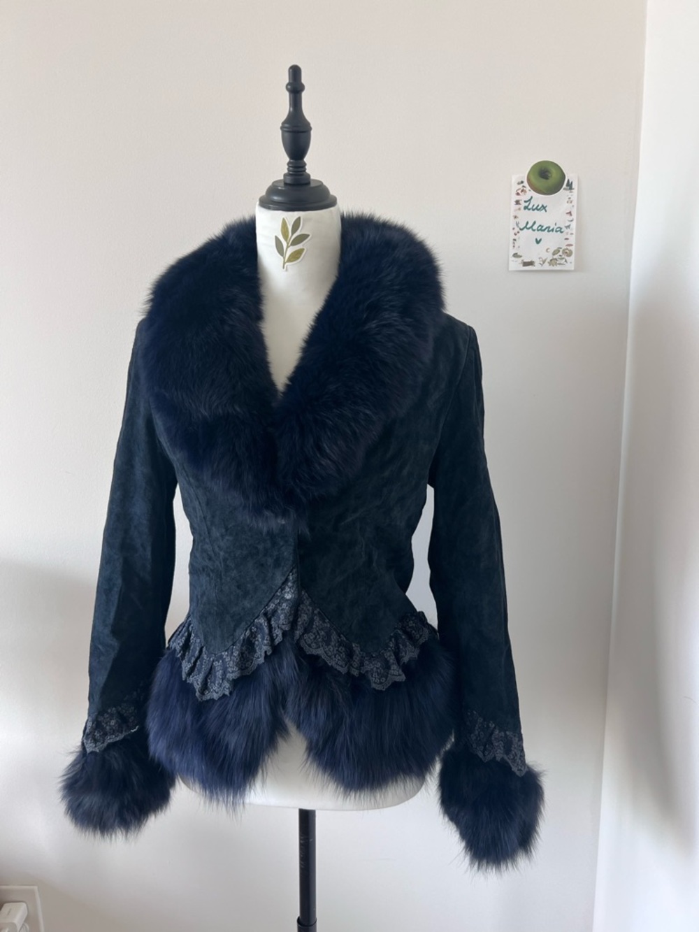 Vintage Navy Blue Real Suede Jacket w Real Fox Fur Collar & Lace Trim S-M